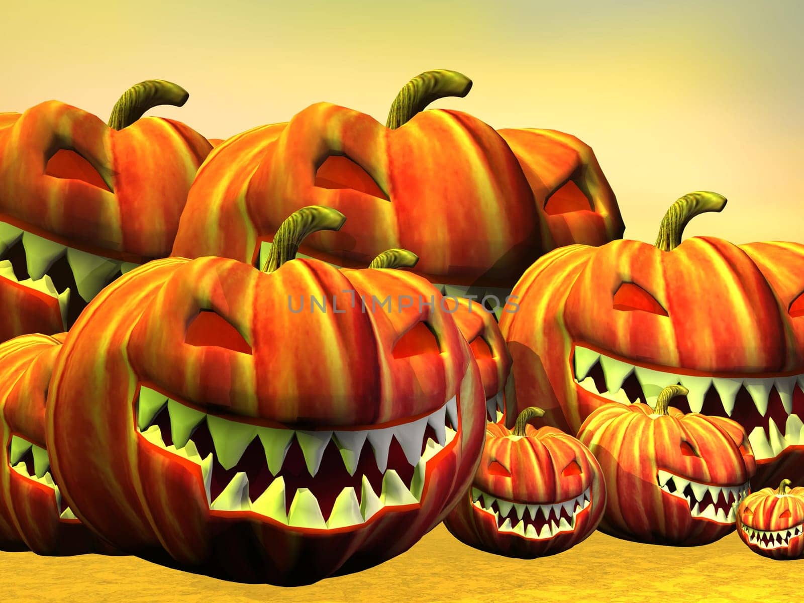Many halloween pumpkins in yellow background