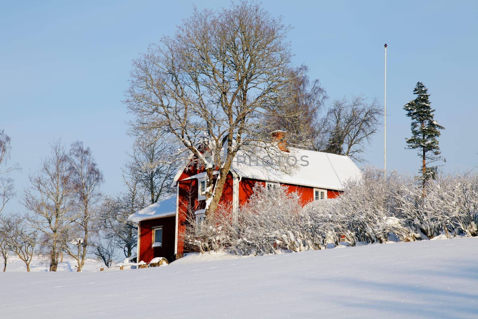old red farm in winter-time, snowy landscape from sweden