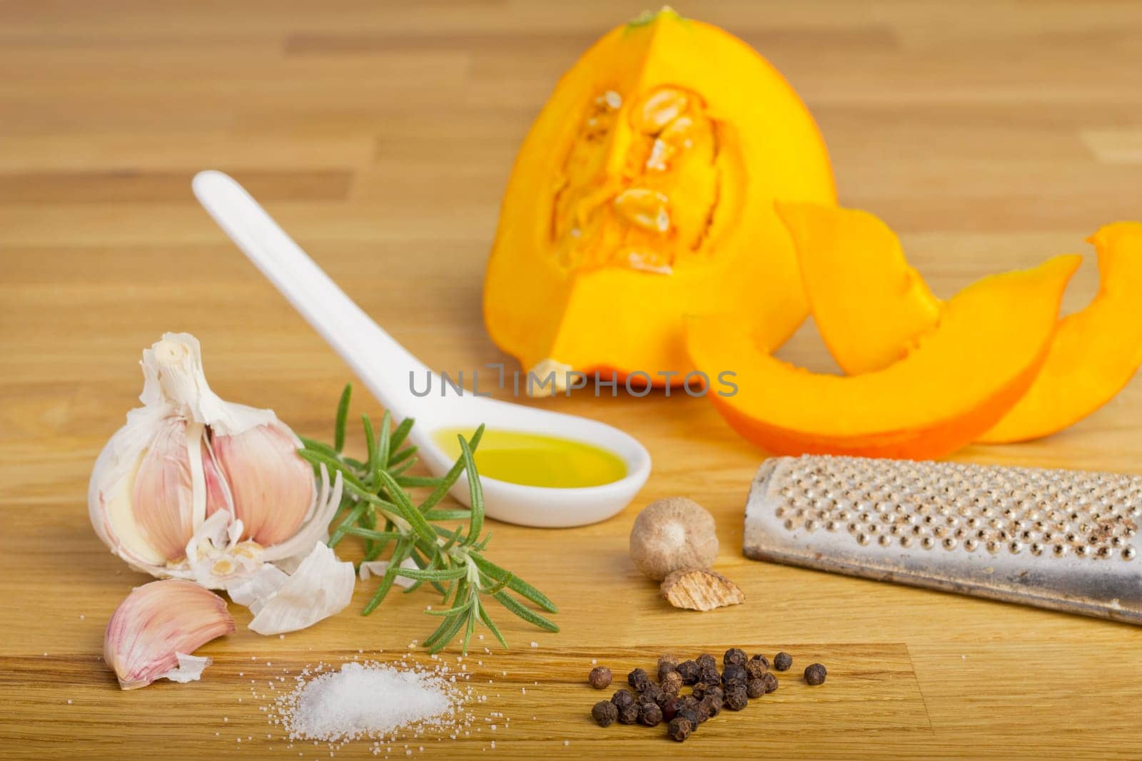 Spice Still Life with Pumpkin on Wooden Plate