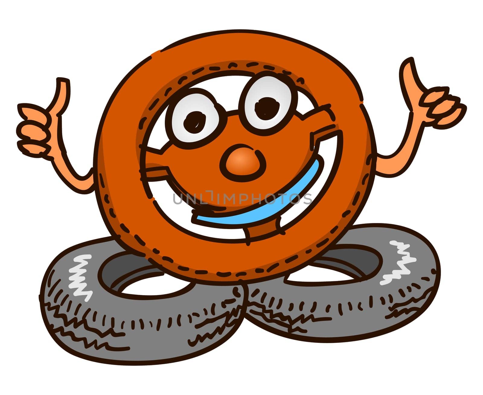 Tyre and steering wheel illustration in brown and black