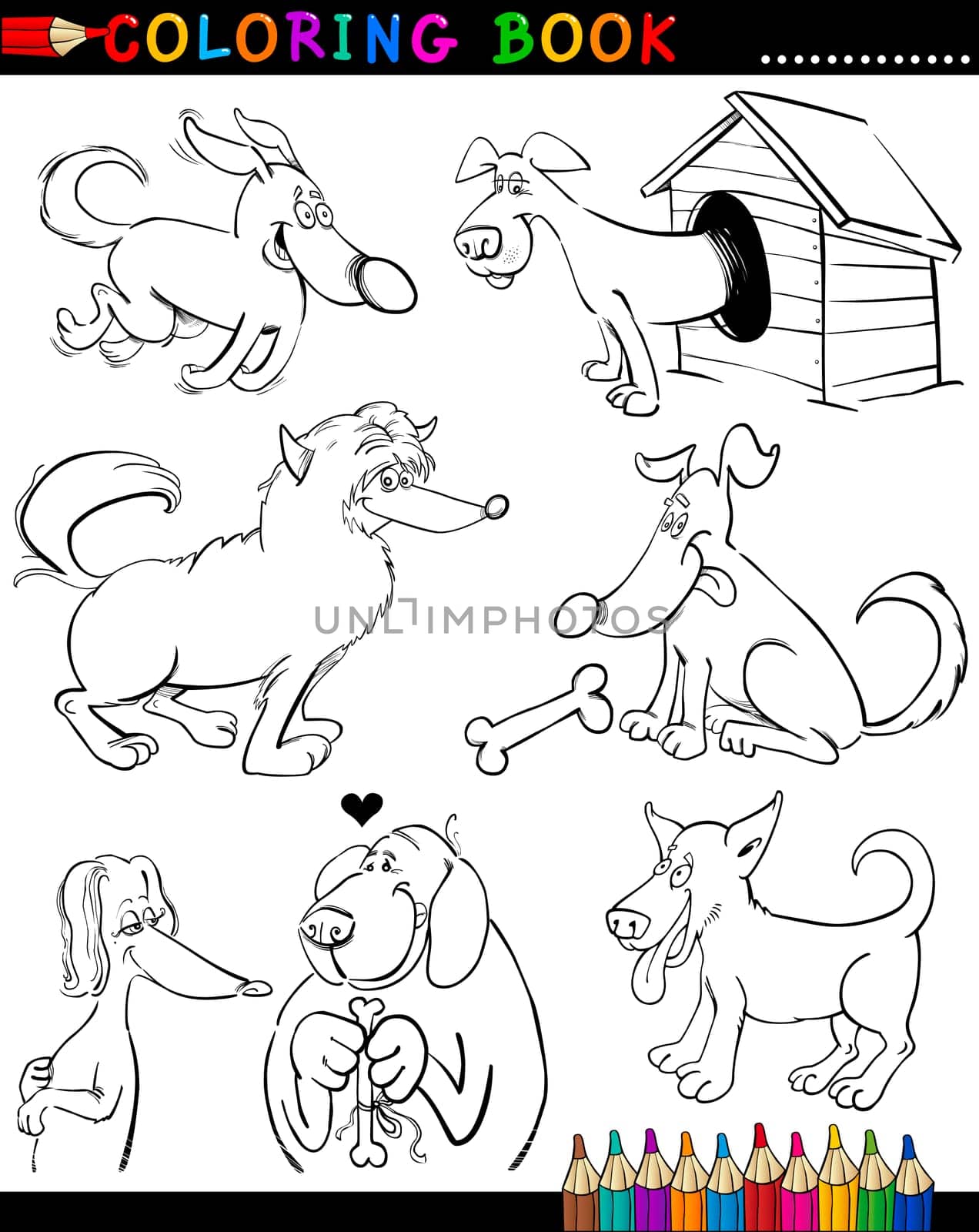Coloring Book or Page Cartoon Illustration of Funny Dogs and Puppies for Children