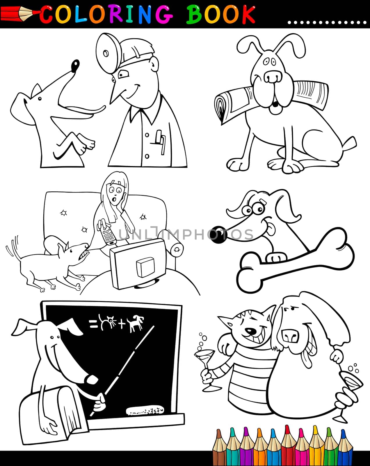 Coloring Book or Page Cartoon Illustration of Funny Dogs and Puppies for Children
