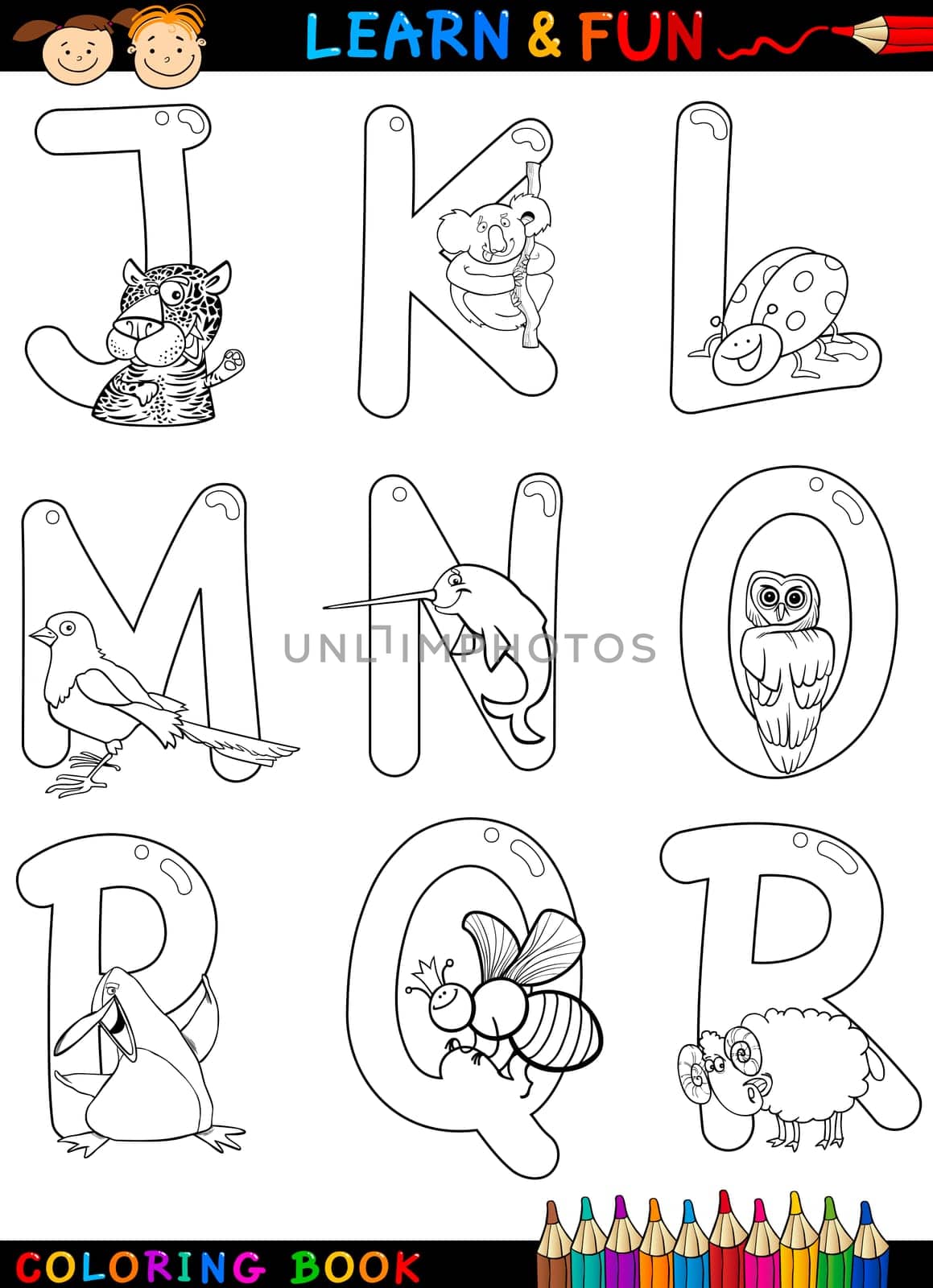 Cartoon Alphabet Coloring Book or Page Set with Funny Animals for Children Education and Fun