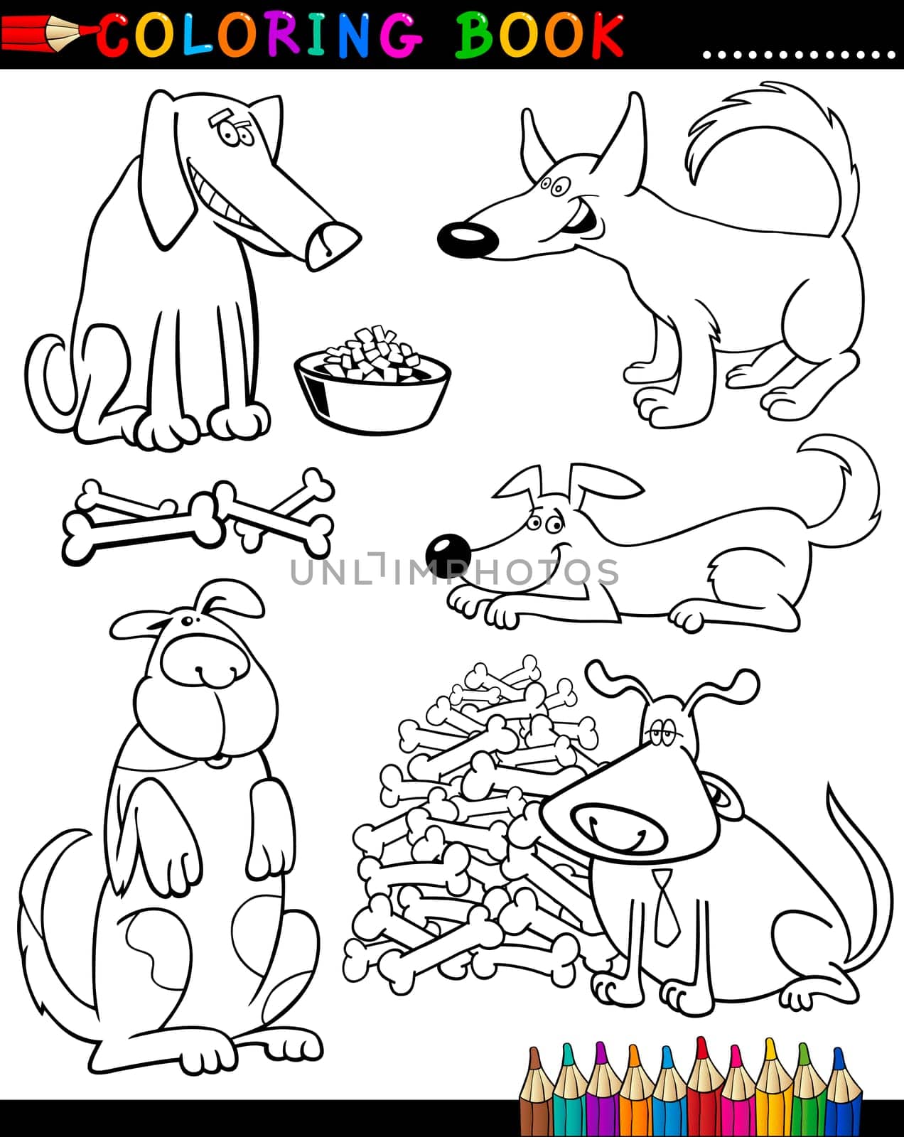 Coloring Book or Page Cartoon Illustration of Funny Dogs and Puppies for Children