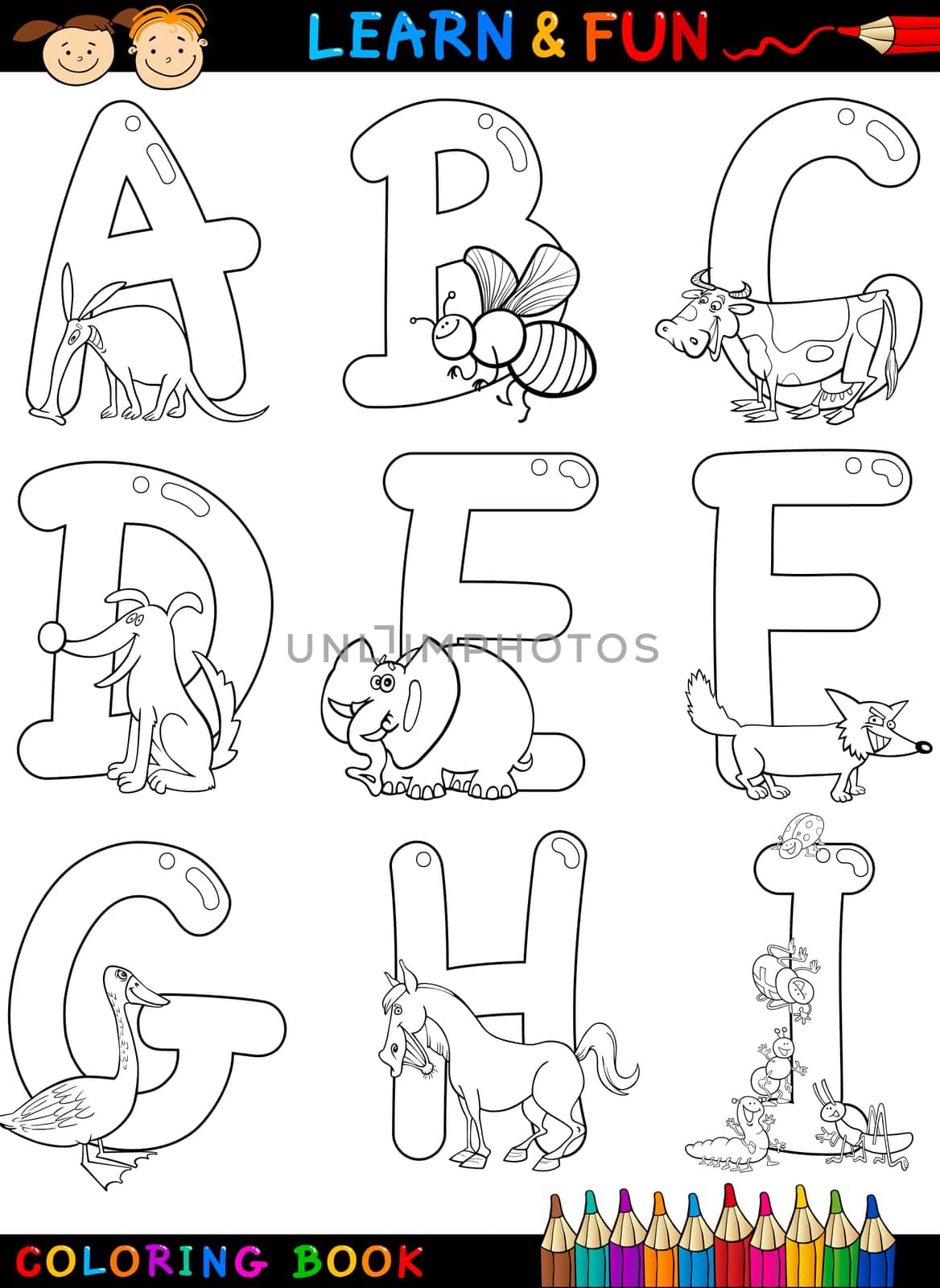 Cartoon Alphabet Coloring Book or Page Set with Funny Animals for Children Education and Fun