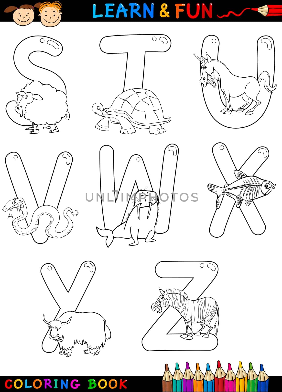 Cartoon Alphabet Coloring Book or Page Set with Funny Animals for Children Education and Fun