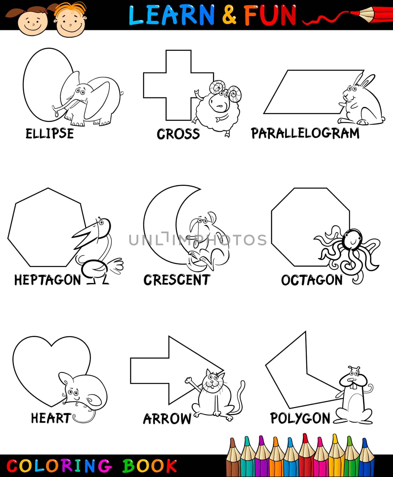 Cartoon Coloring Book or Page Illustration of Basic Geometric Shapes with Captions and Animals Comic Characters for Children Education
