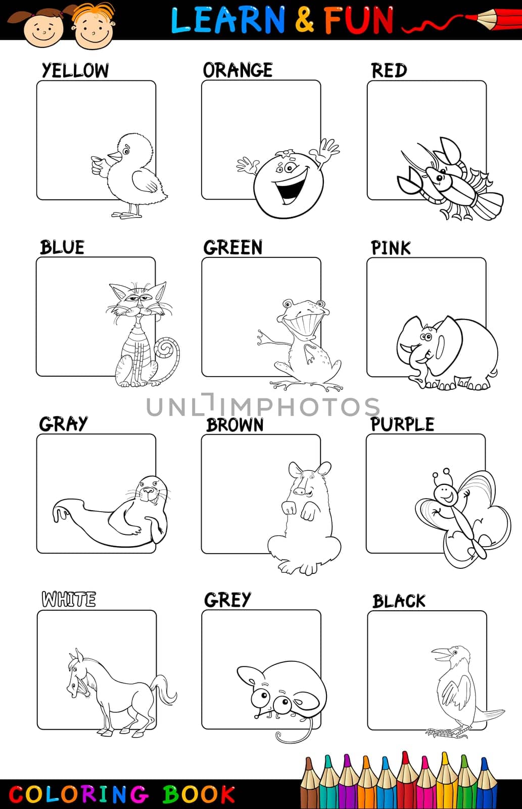 Cartoon Coloring Book or Page Illustration of Primary Colors Set with Animals or Objects for Children Education