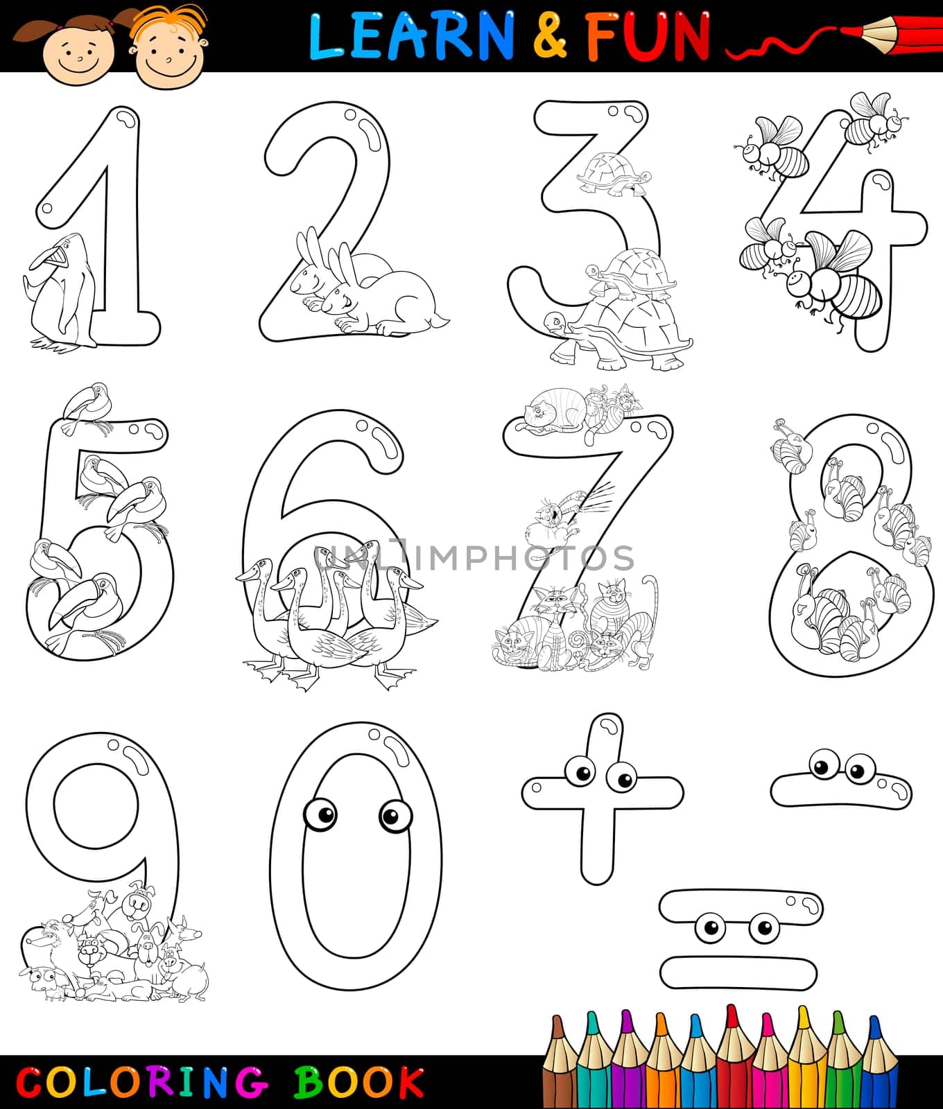 Cartoon Coloring Book or Page Illustration of Numbers Signs from Zero to Nine with Animals Characters for Children Education and Fun