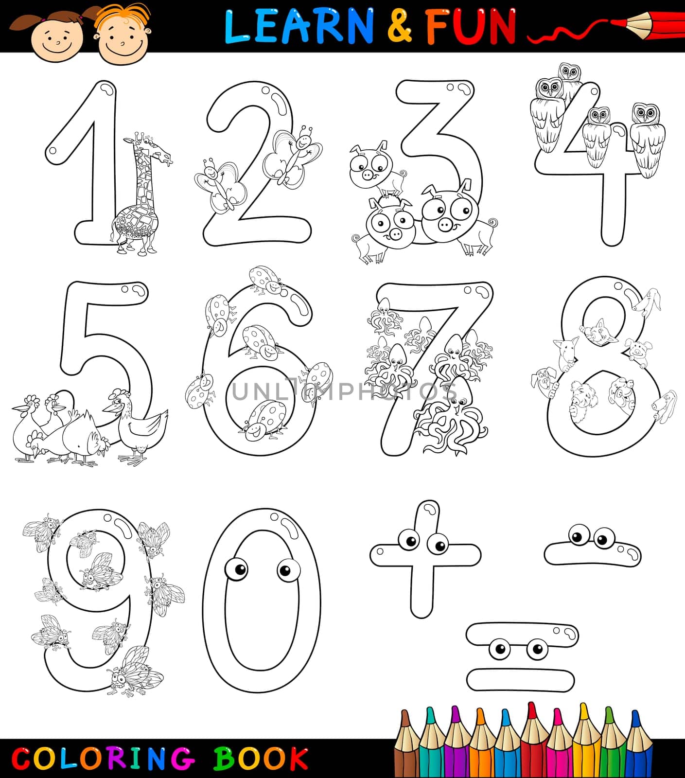 Cartoon Coloring Book or Page Illustration of Numbers Signs from Zero to Nine with Animals Characters for Children Education and Fun