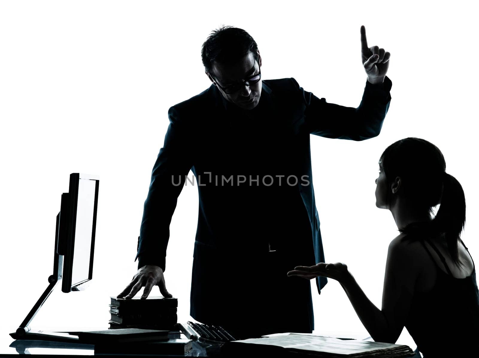 one man father professor and student teenager girl helping for homework in silhouette indoors isolated on white background