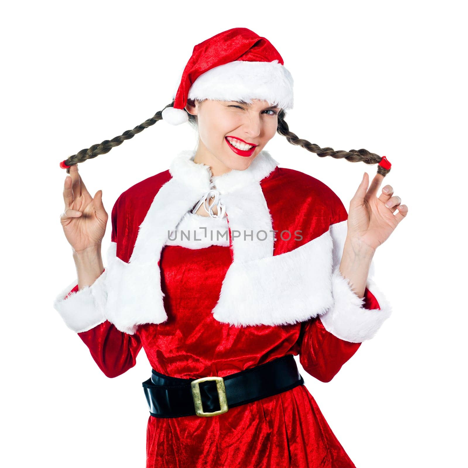 one woman dressed as santa claus winking portrait on studio isolated white background