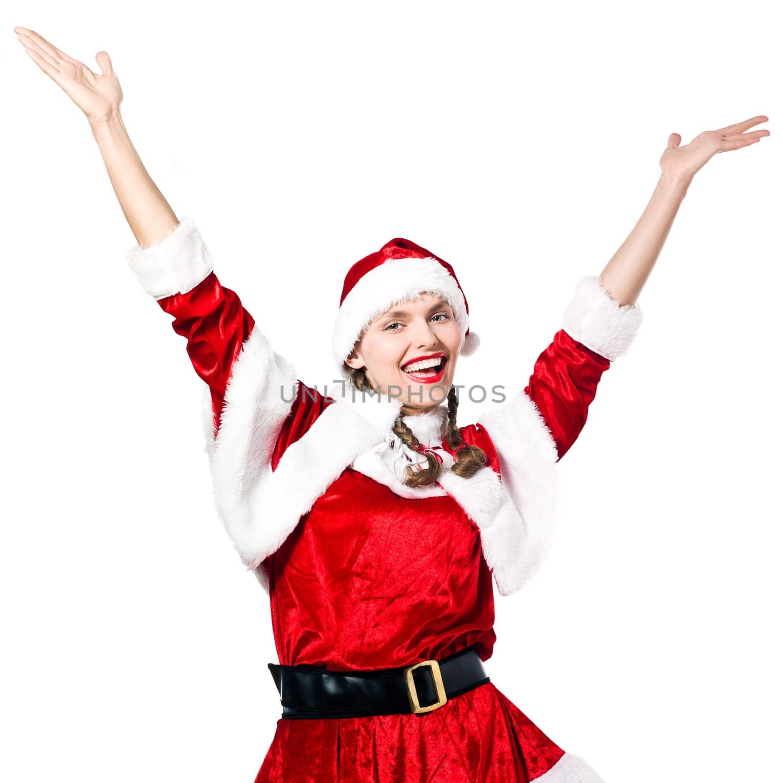 one woman happy joyful  arms raised dressed as christmas santa claus on studio isolated white background