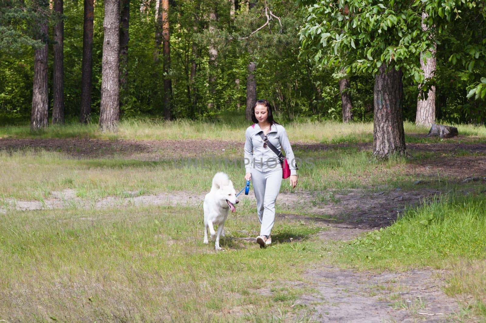 The young woman walks in park with a dog