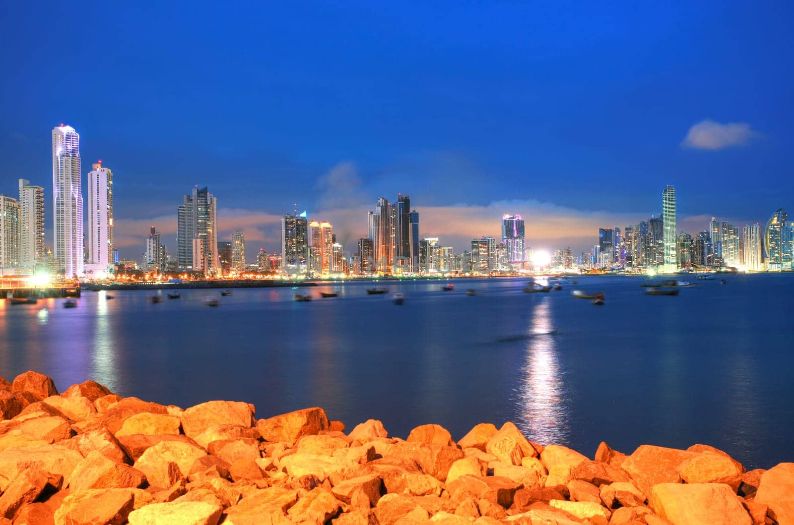 Panama City, city center skyline and Bay of Panama, Panama, Central America in the sunset