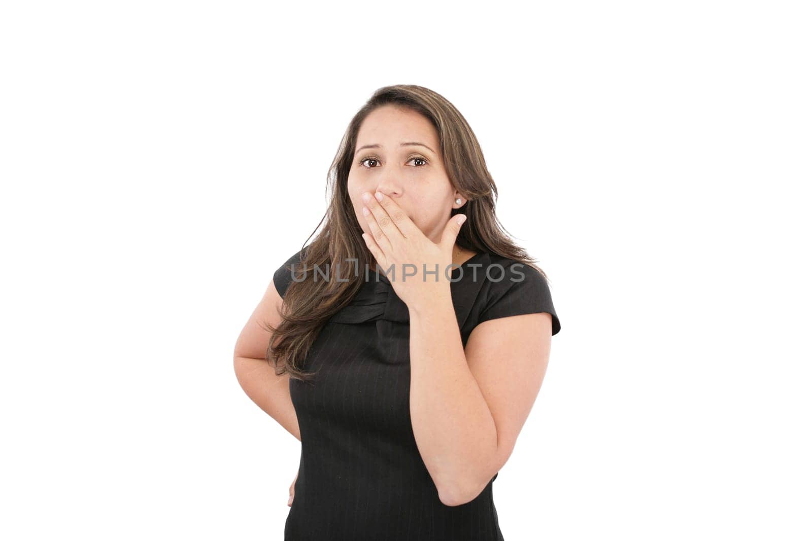 Young woman "oops"" , isolated on white"