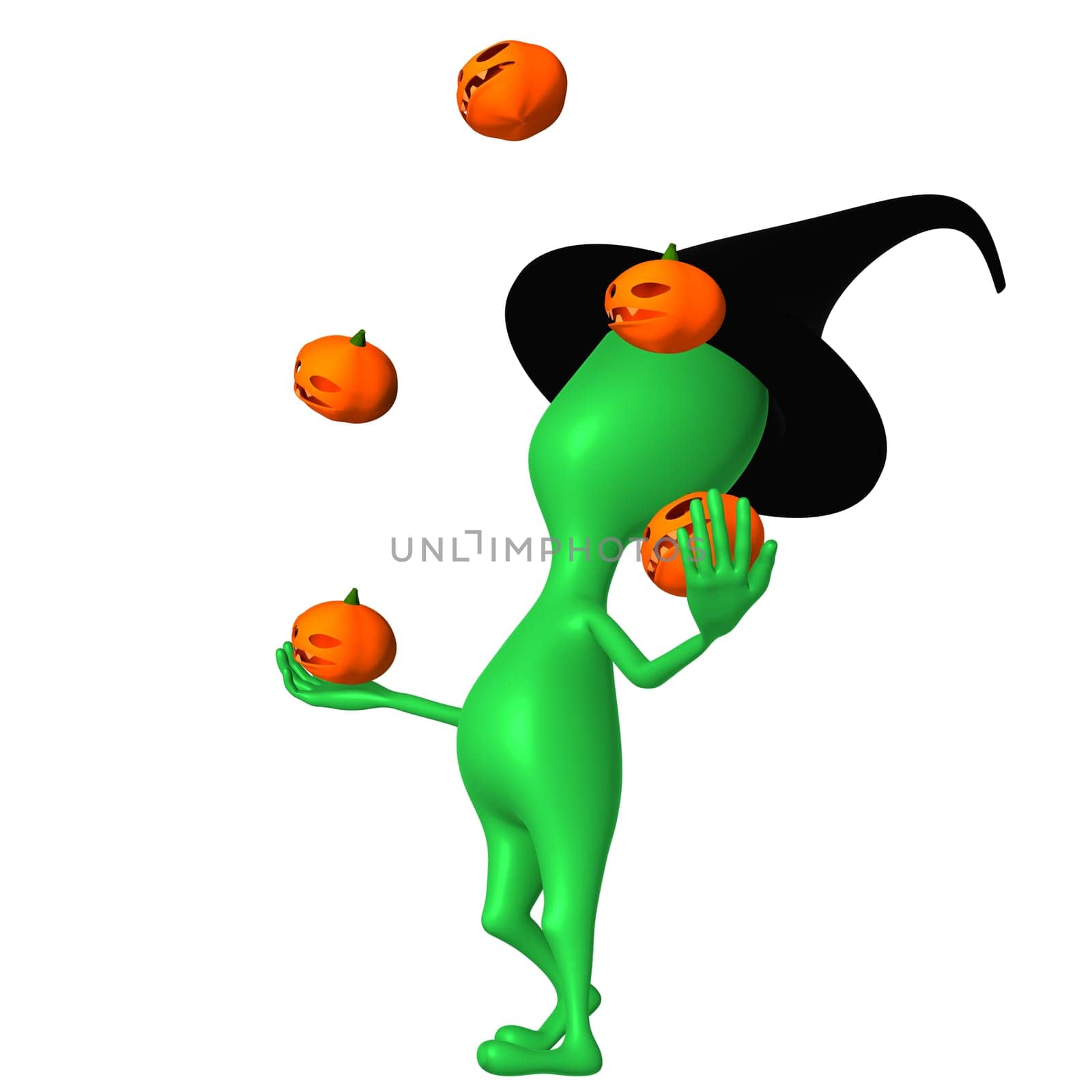 Side view puppy juggle with small pupkins skillfully
