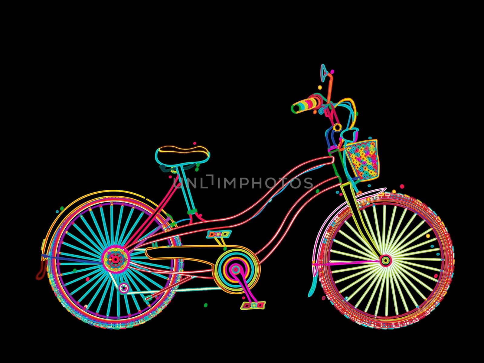 Retro bicycle in colors, stylized design over black background