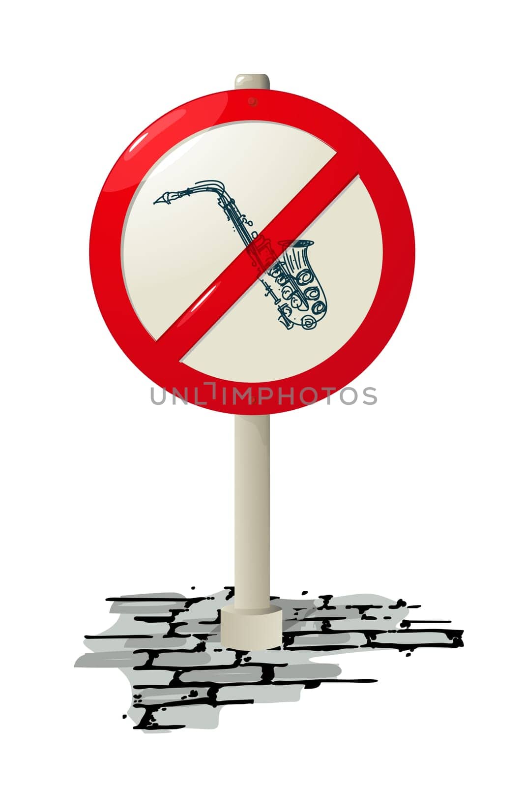 Conceptual illustration of a street sign with a saxophone, isolated and grouped objects over white background