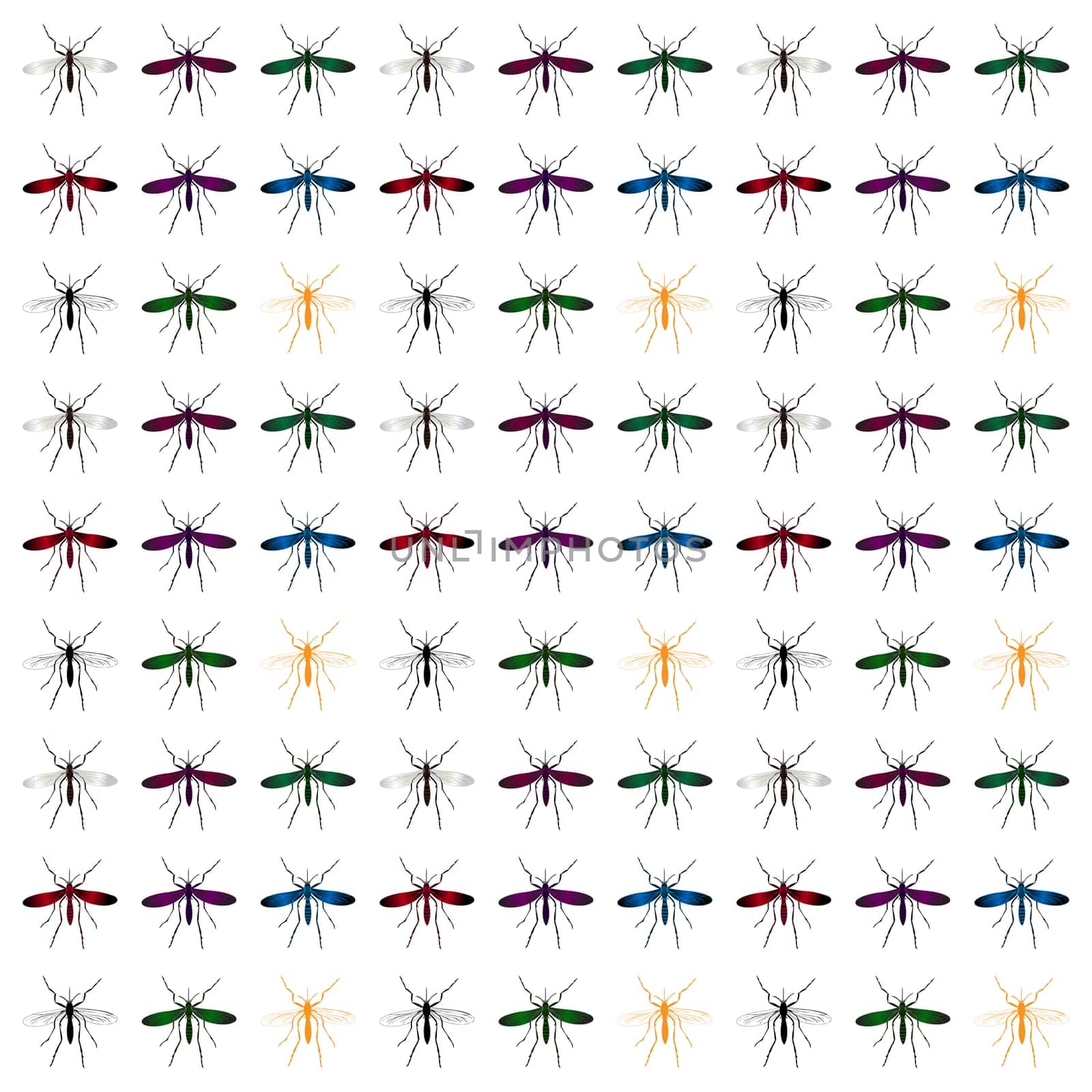 A seamless repeating pattern design with mosquito bug in colors.
