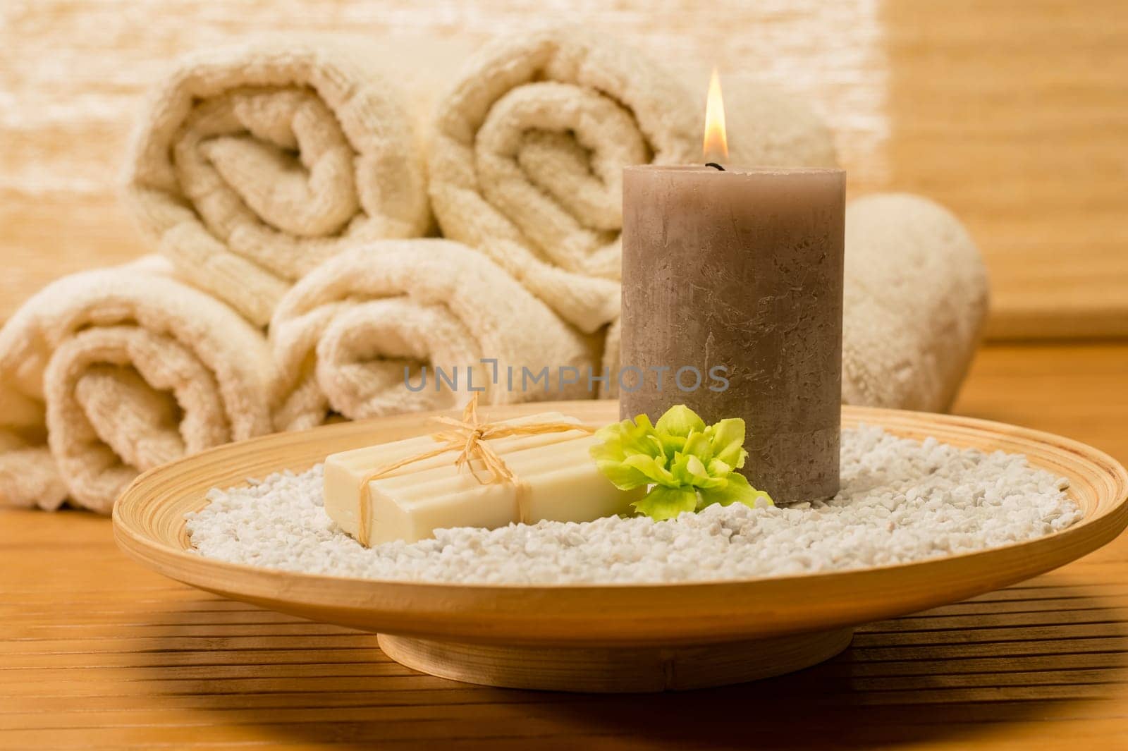 Spa decor wooden tray with candle and soap natural color