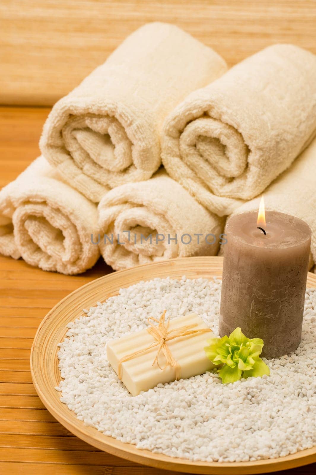 Spa decor wooden tray with candle and soap natural color