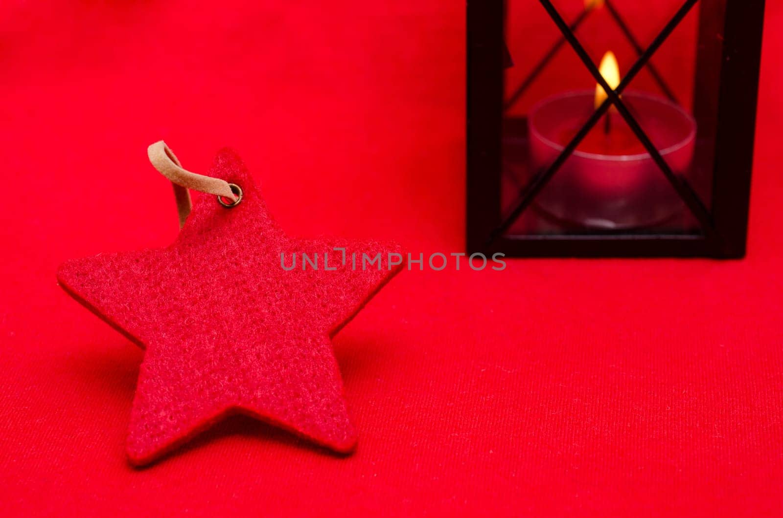 Red heart and lantern with candle and copy space