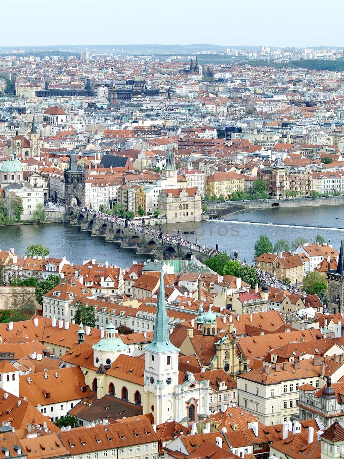 City of Prague with Charles bridge from above