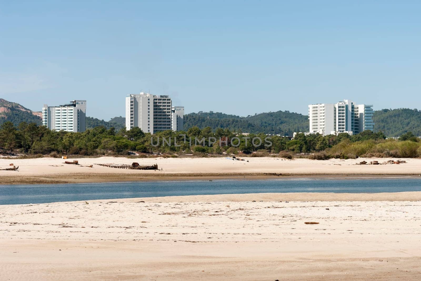 Three hotel buildings in Troia turistic resort, Setubal, Portugal