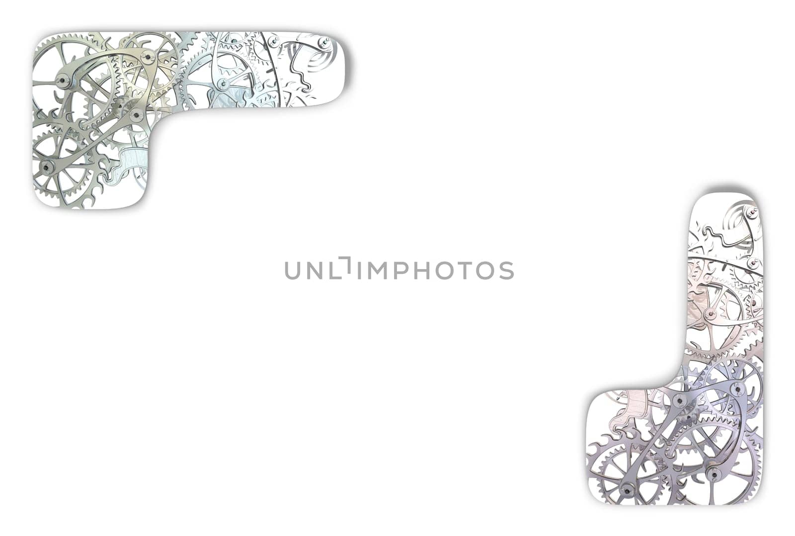 Illustration of cogs and gears seen through openings of a white background
