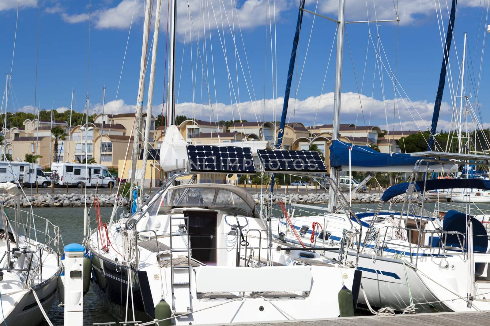 Photovoltaic panels on a sailboat in the port of Gruissan in the south of France