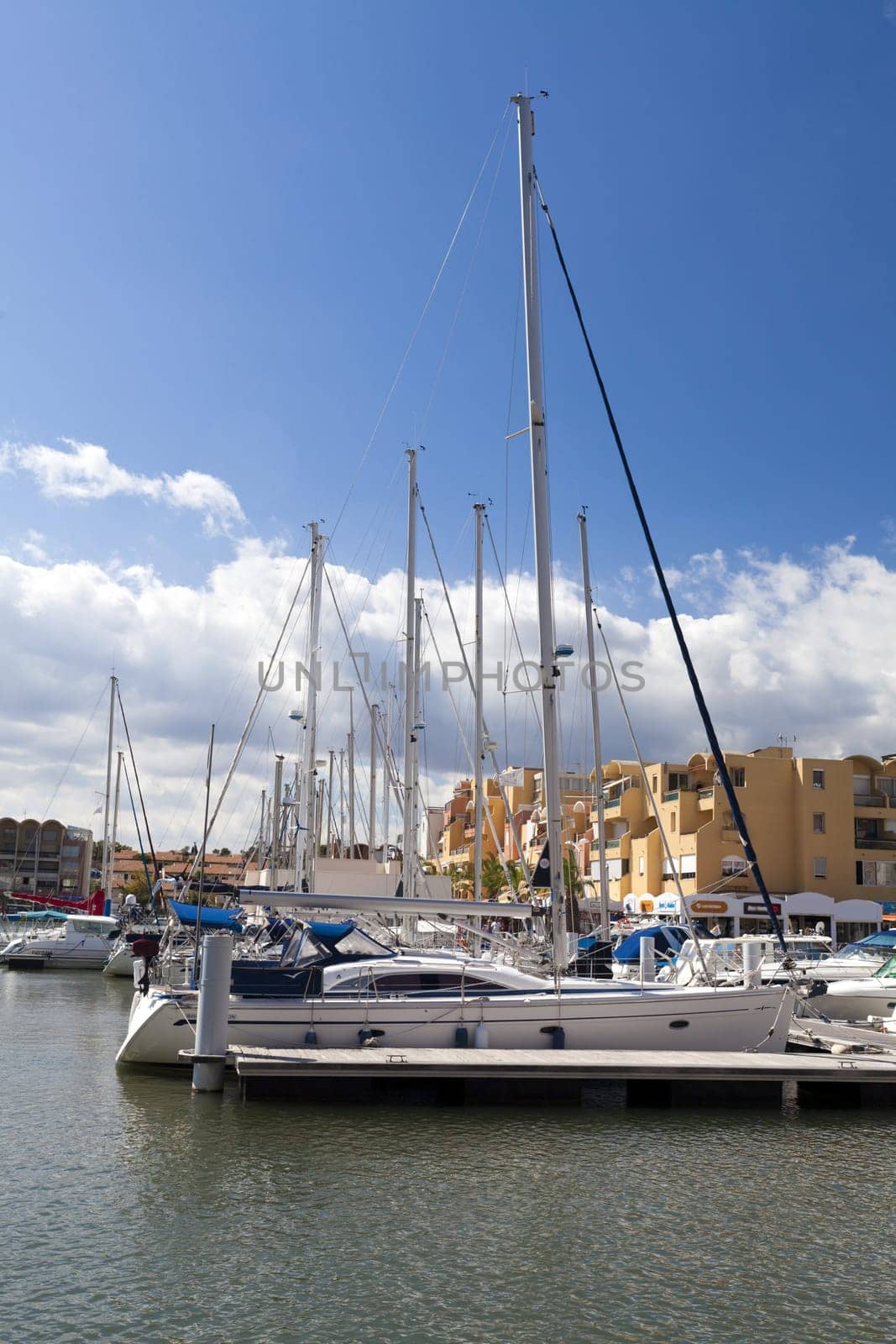 View of the marina with many boats from Gruissan on the French Mediterranean coast