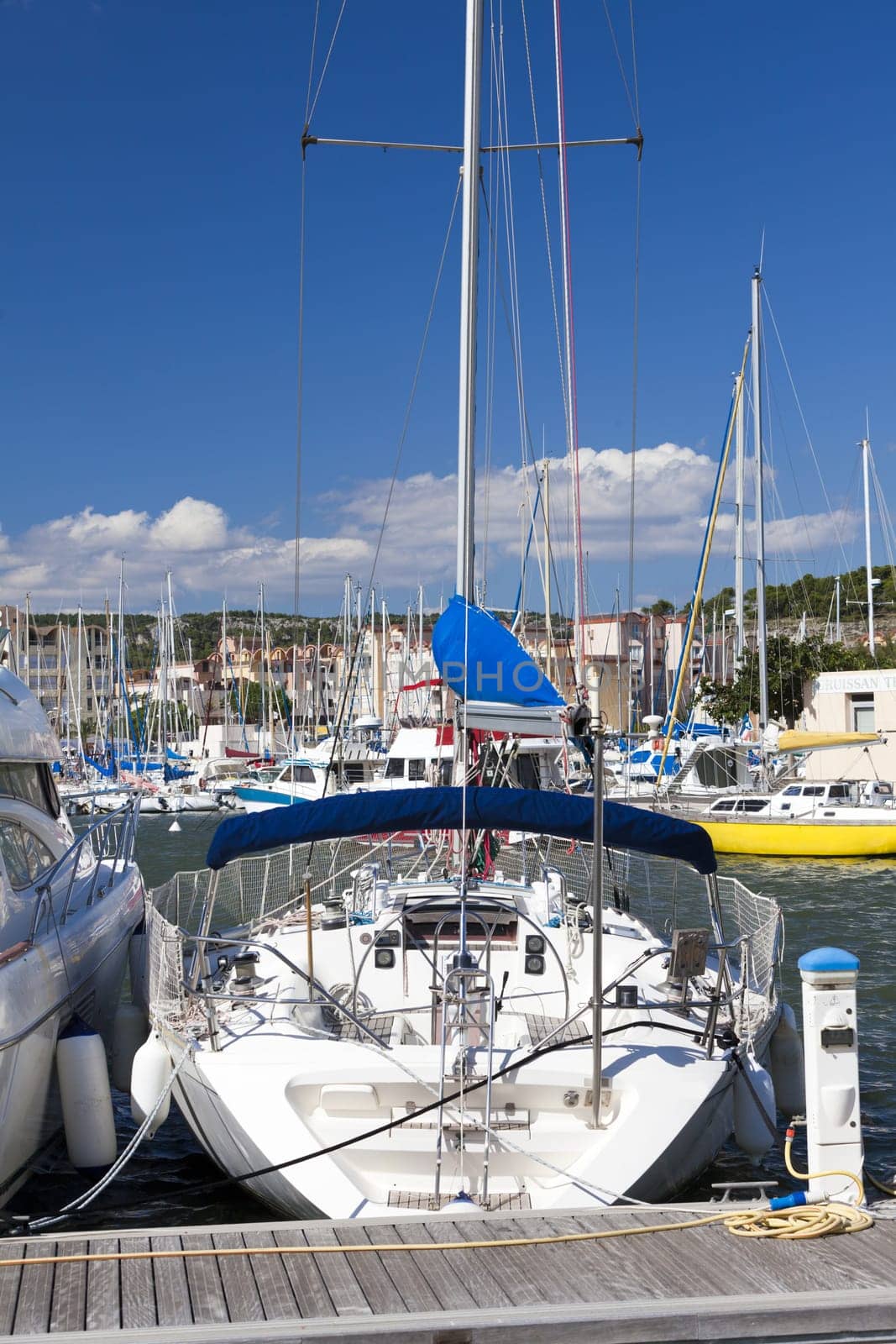 Large modern sailing yacht in the port of Gruissan in the south of France