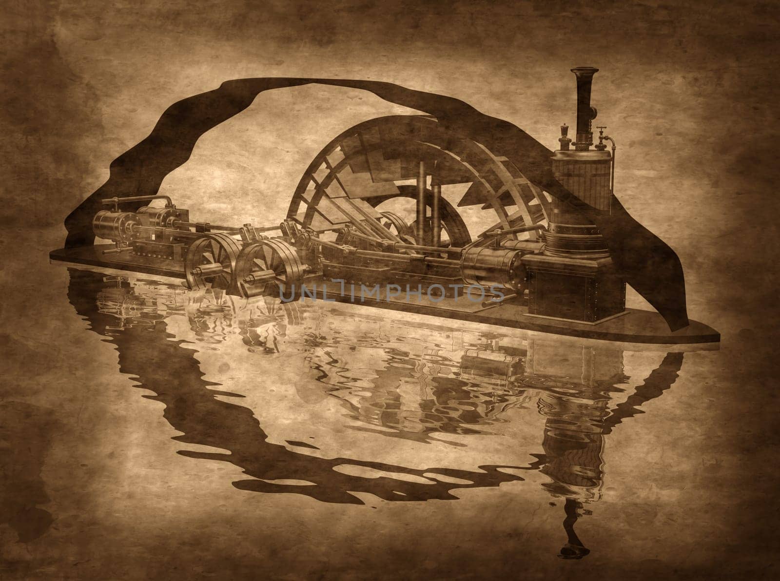 Illustration of a grungy steampunk riverboat on a sepia background