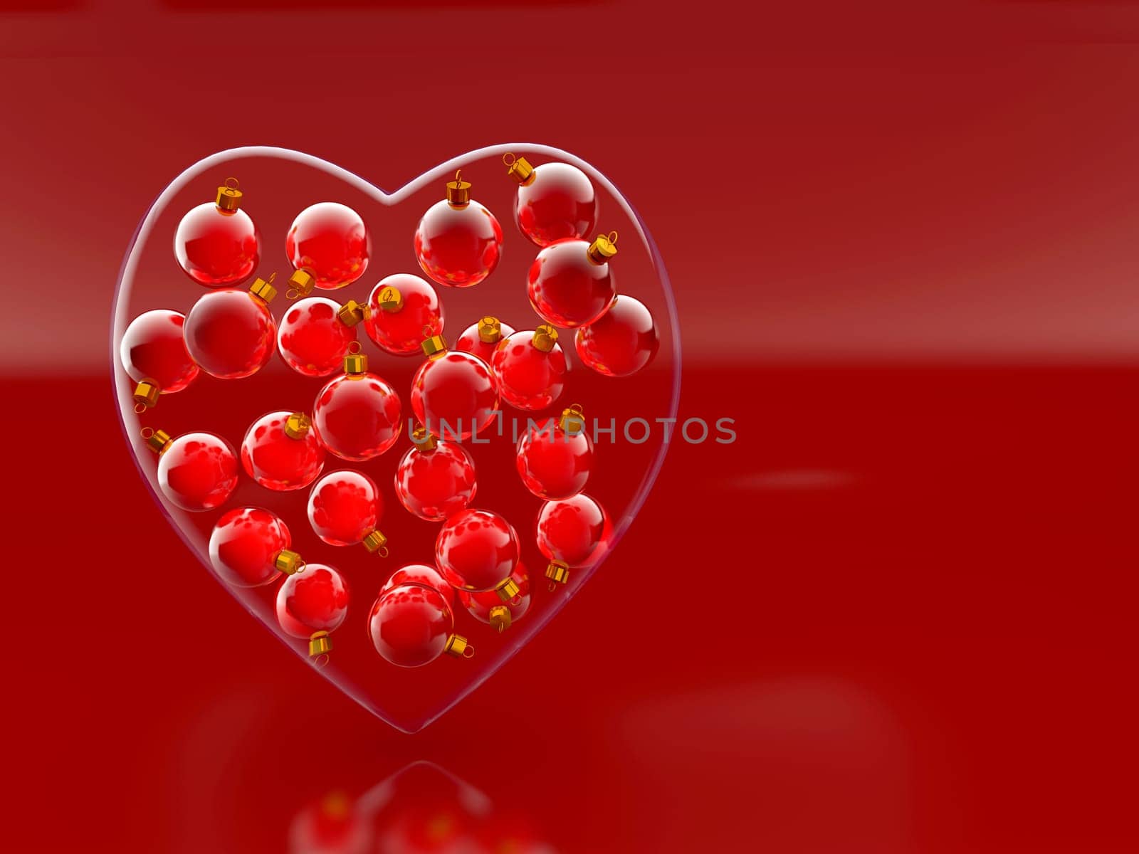 Christmas baubles heart shape in red and gold as love concept