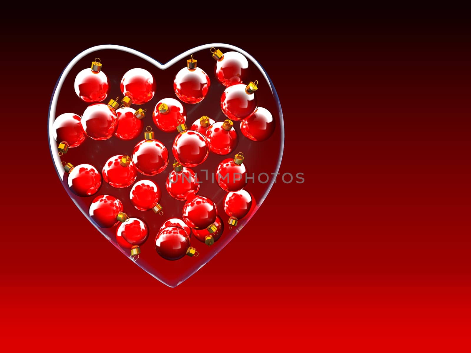 Christmas baubles heart shape in red and gold as love concept