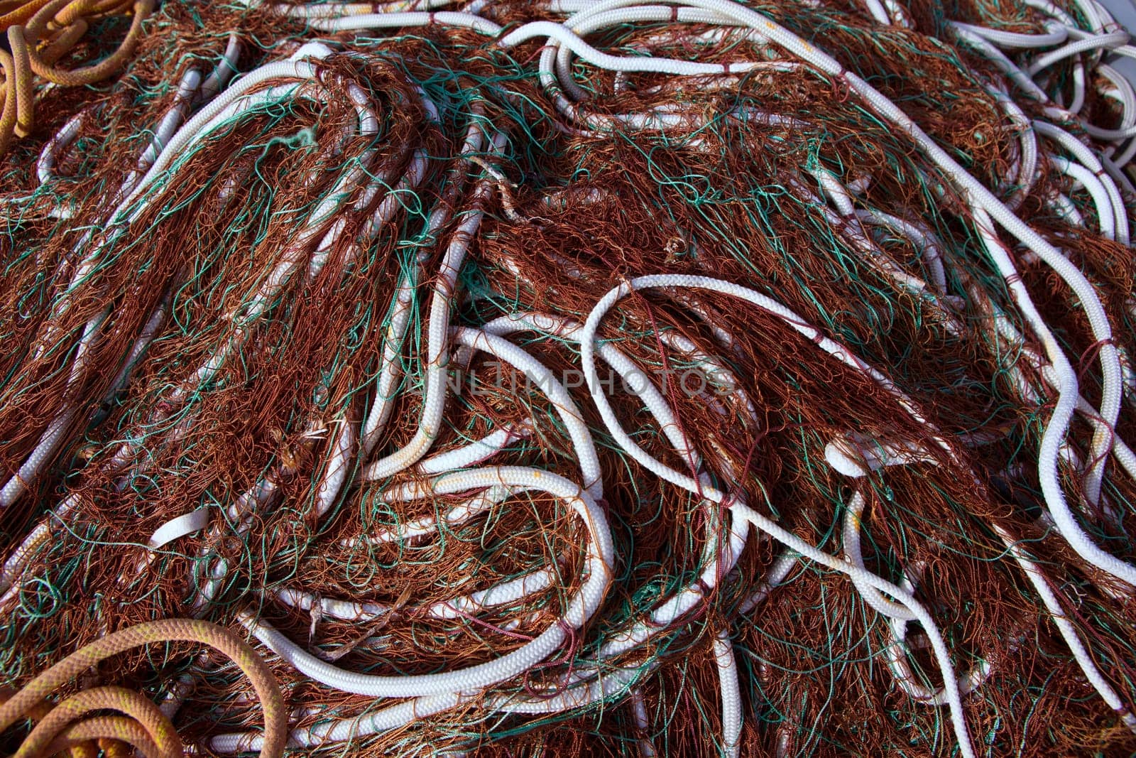 fishing nets pattern mess stacked at port in Mediterranean