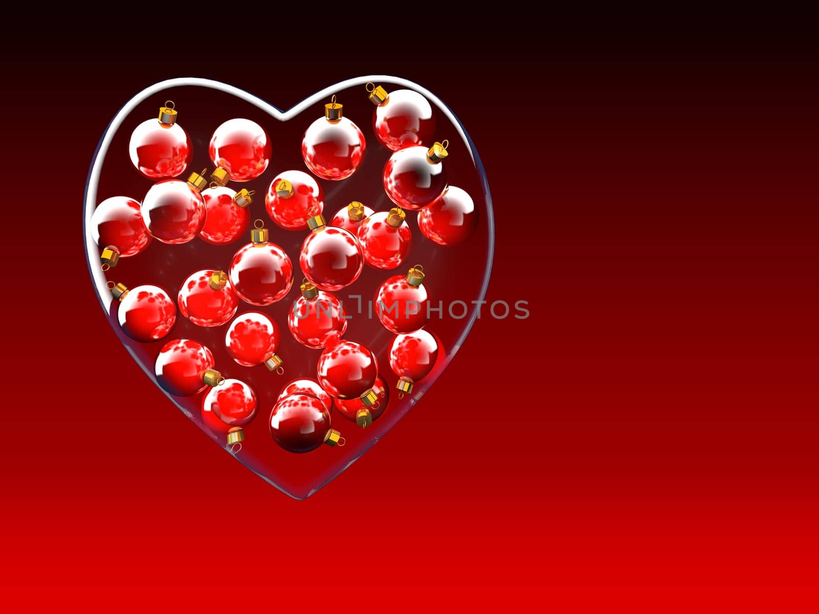 Christmas baubles heart shape in red and gold as love concept