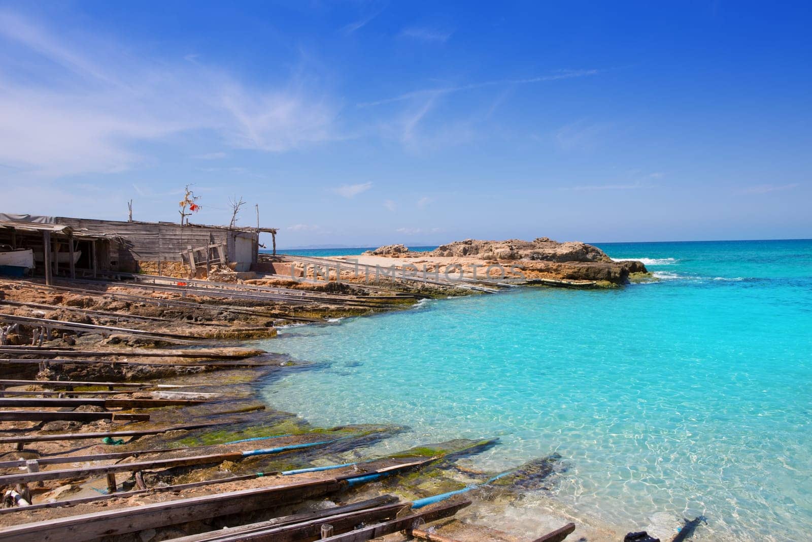 Es Calo port in Formentera with aqua water at Balearic Islands