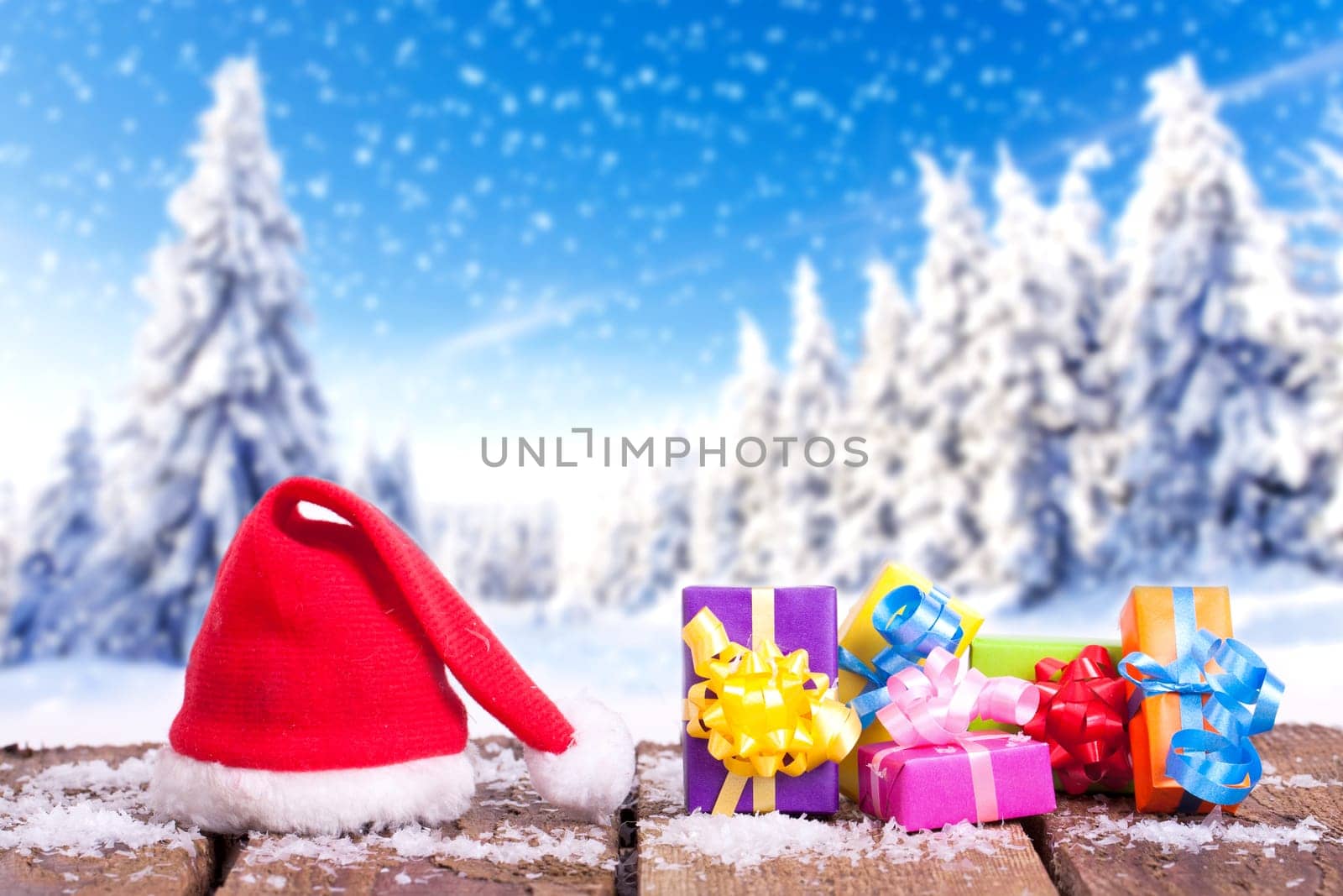 Christmas gifts and winter forest
