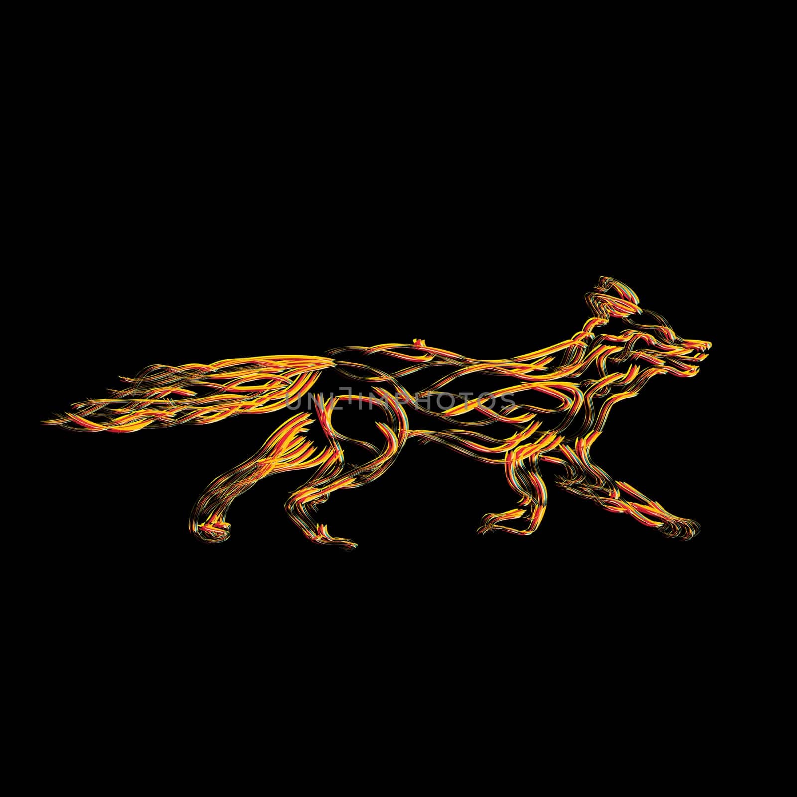 Conceptual illustration of a stylized fox made of flames.