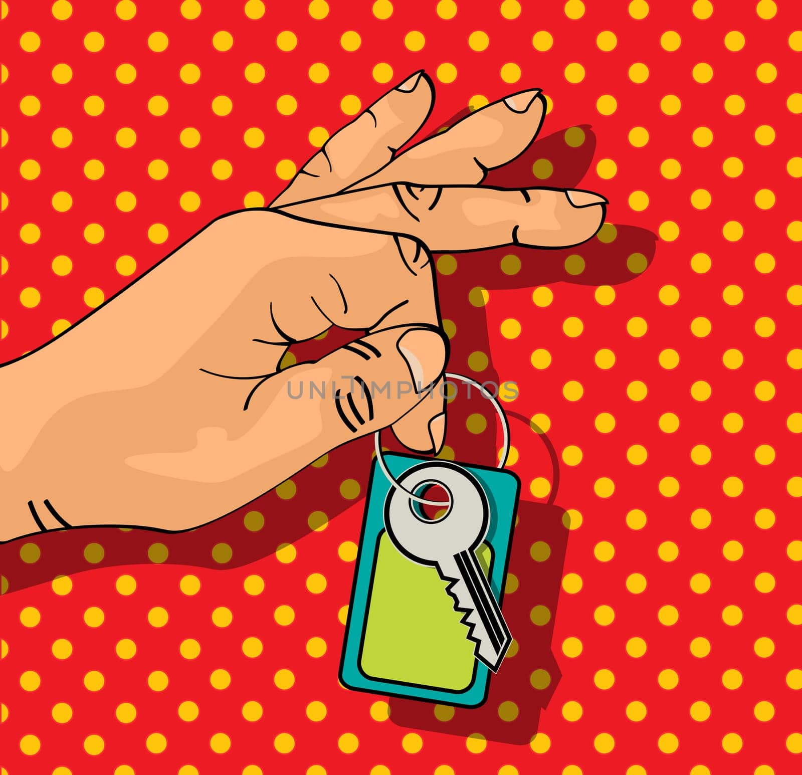 Illustration of a male hand holding keys set. Comic style drawing