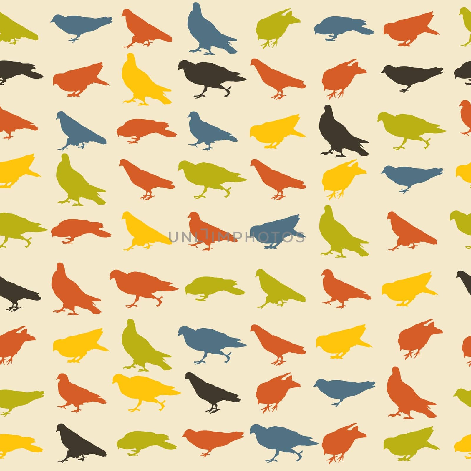 Seamless pattern with pigeons in retro tones