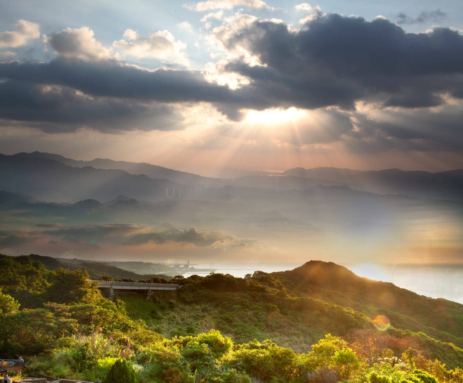 Colorful autumn landscape in the mountains. Sunrise