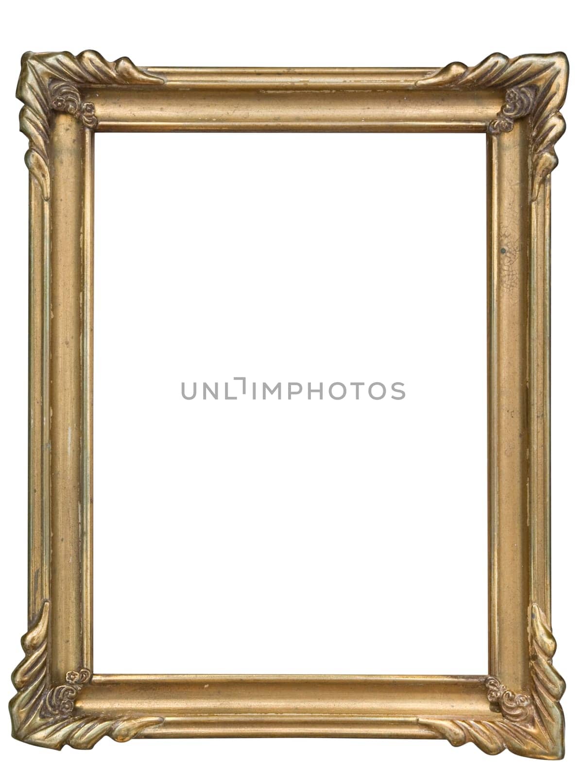gilded picture frame with ornaments cut out on white background