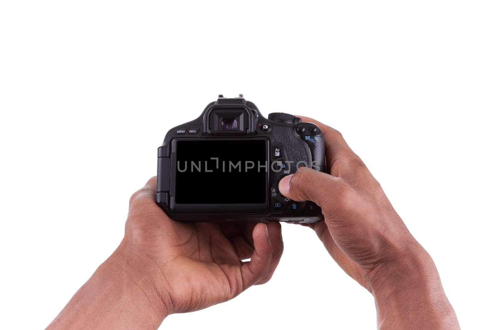 African american photographer holding a digital camera, isolated on white background