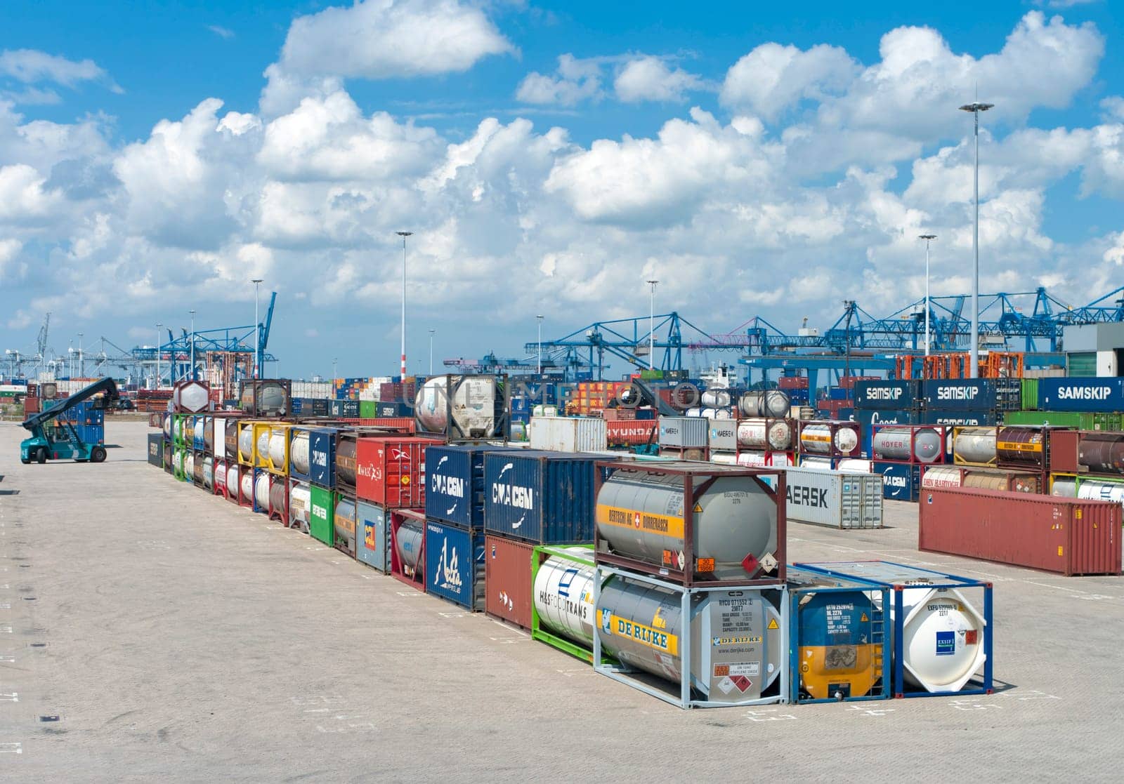 area with chemical bulk tanks in the Rotterdam harbor area. From here they are shipped on trains