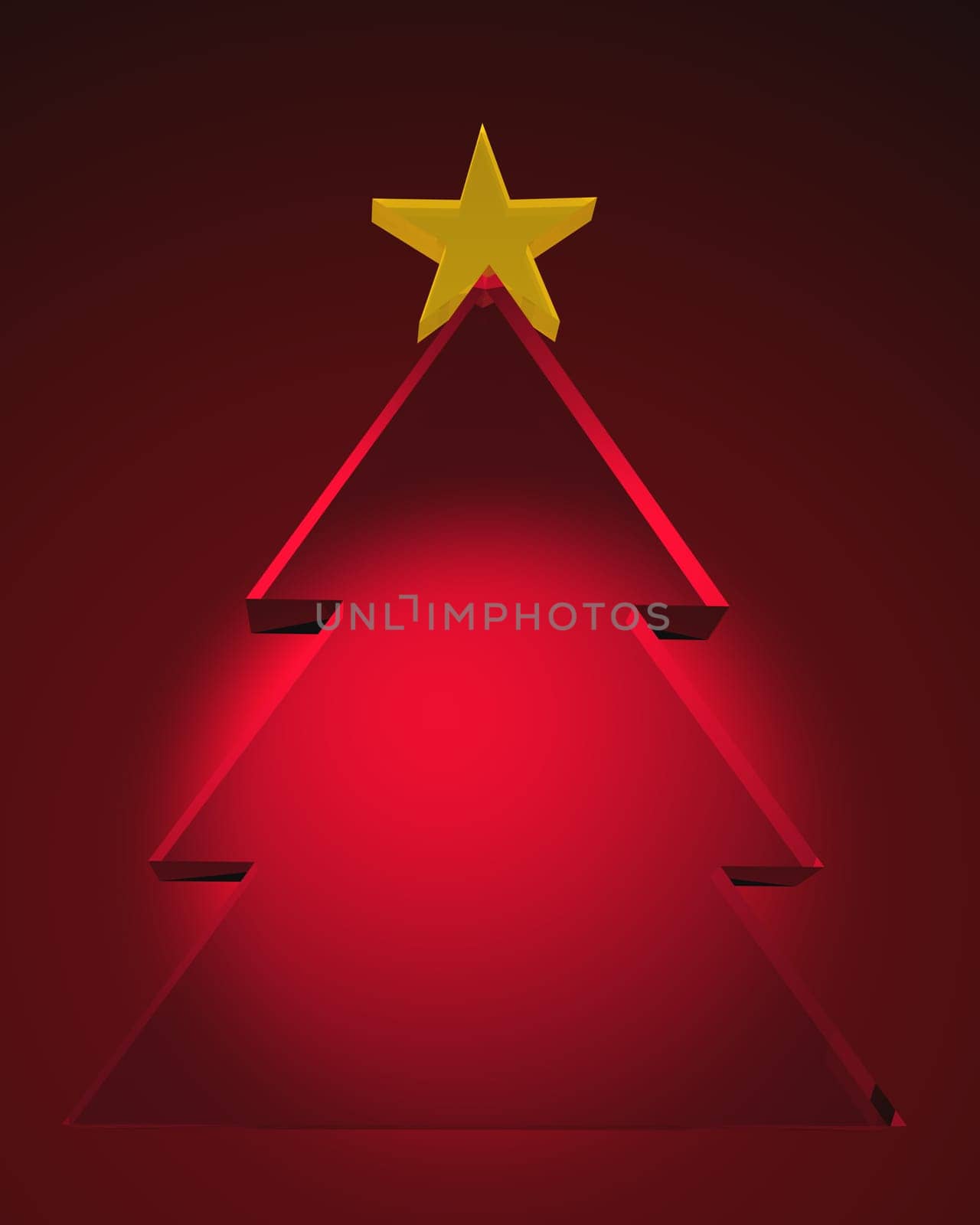 3d glass Christmas tree with yellow star on the top over red background.