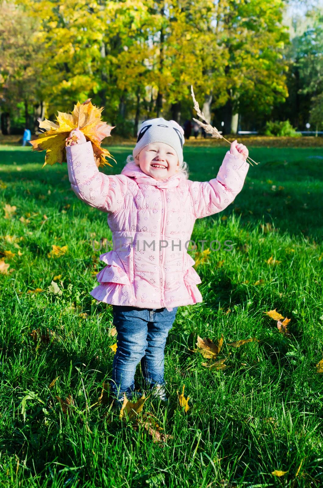 The little girl collects fallen down leaves in autumn park