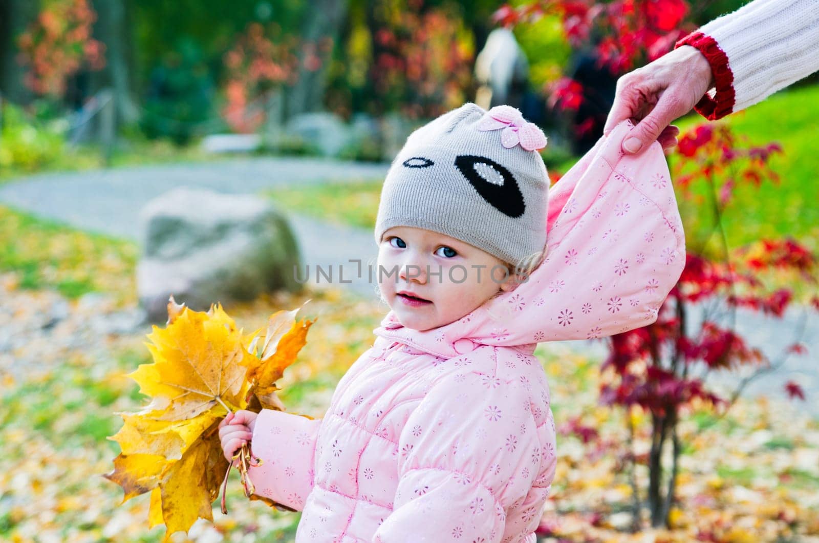 grandmother with the grand daughter in autumn park
